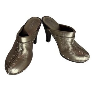 Michael Kors Astor Gold Leather Rhinestone Studded Clog Wood Mule Shoes Sz 7 y2k